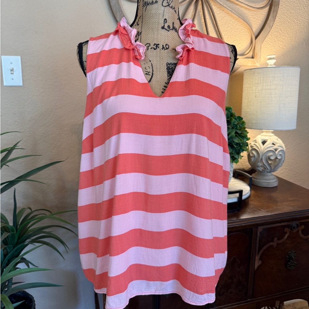 Gibson Striped Ruffle Neck Sleeveless Top - Pink & Coral